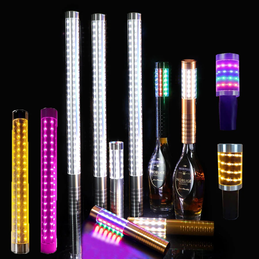 Colorful LED bottle lights in various sizes and colors, including RGB multi-color options, for decoration, as well as bottle service, club, bar, to create ambiente and atmosphere. Wunderkerzen Ersatz.